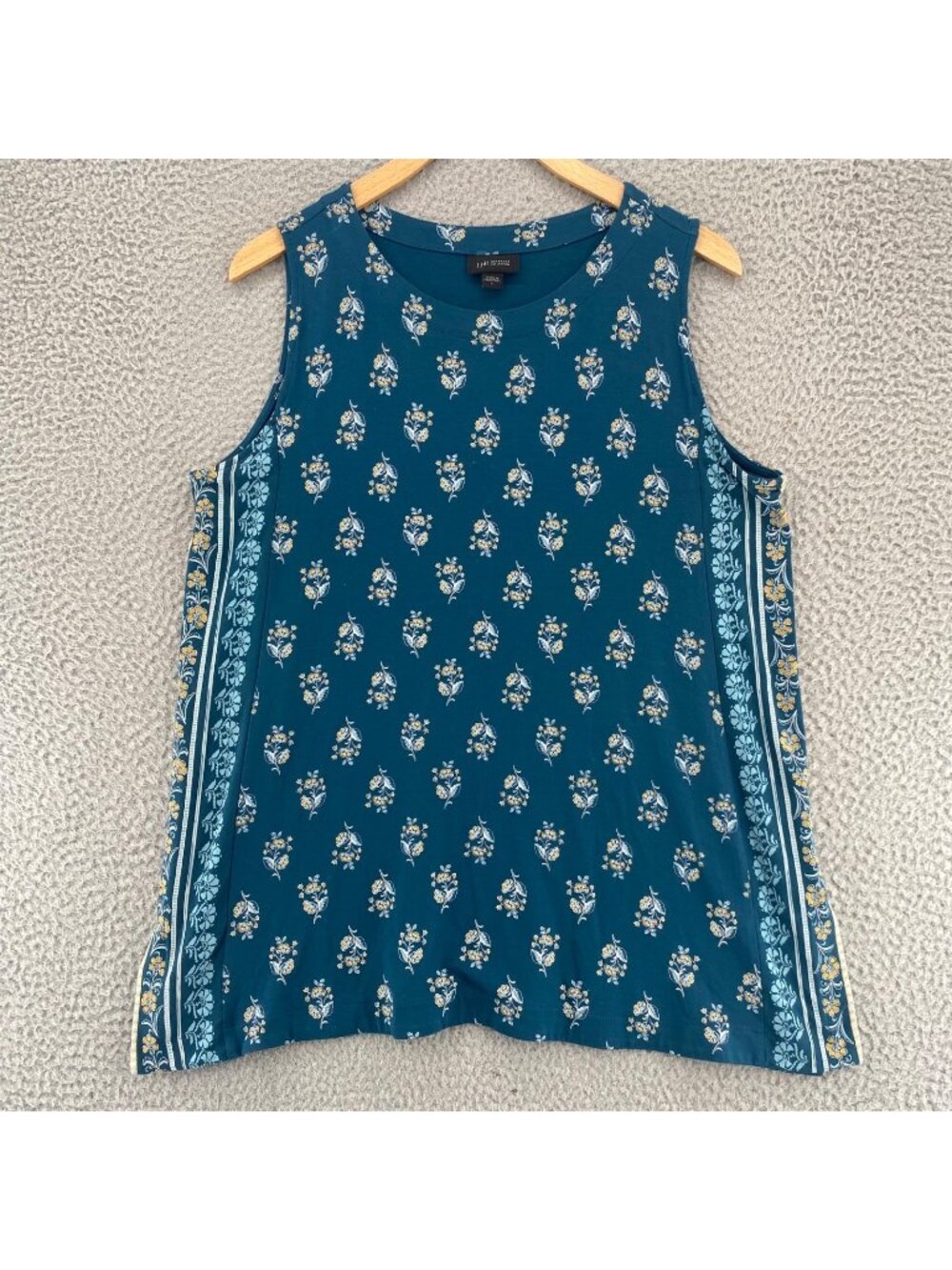 J Jill Top Womens Large Wearever Green Floral Fair Isle Stretch Knit Sleeveless